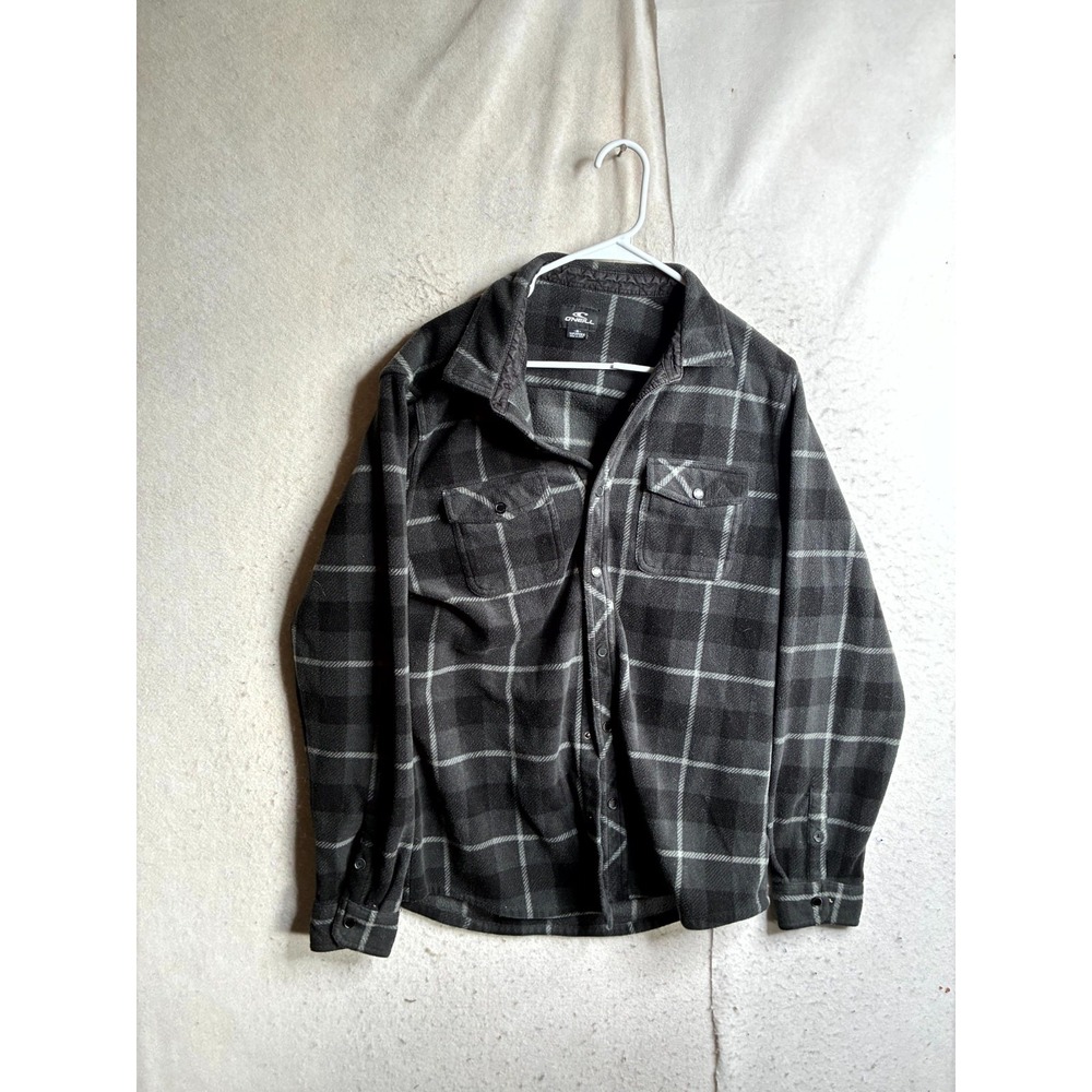 O'Neill Shacket Mens Medium Gray Plaid Superfleece Long Sleeve Front Button